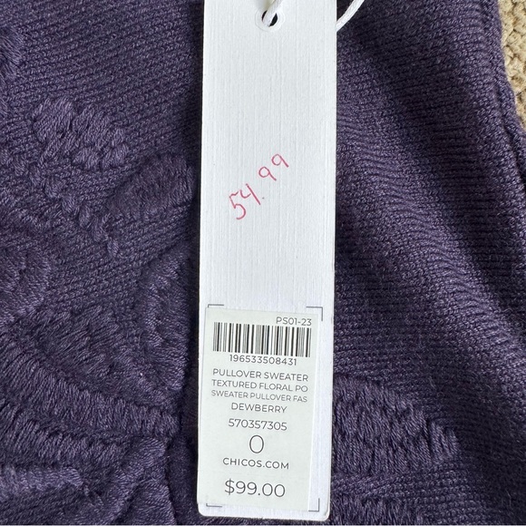 Chico's Purple Crew Neck Sweater with Textured Floral Design Size 0 (Small) NWT - Picture 5 of 10